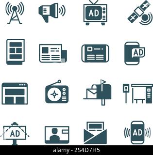 Advertisement on screen, advertising on television, outdoor ad, online ads vector icons. Advertisement and announcement broadcast radio, advertising in newspaper and TV illustration. Advertisement on screen, advertising television, outdoor ad, online ads vector icons Stock Vector