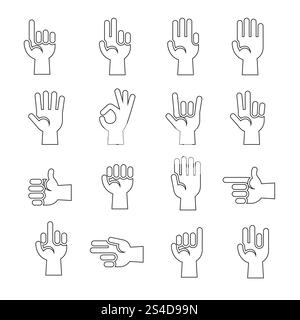 Line art hands gestures vector icons set in black and white illustration. Hands gestures vector icons set in black and white Stock Vector
