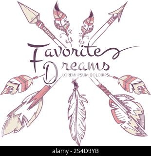 Hipster fashion, apache, american indian, boho vector poster with arrows and feathers. Arrows with feather banner, illustration of tribal aztec t-shirt with arrow. Hipster fashion, apache, american indian, boho vector poster with arrows and feathers Stock Vector