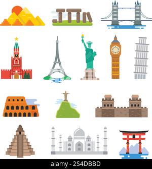 Famous architecture world travel vector landmarks icons. Collection of famous landmarks pyramid and pisa tower, big be and, taj mahal landmark illustration. Famous architecture world travel vector landmarks icons Stock Vector