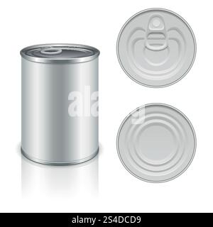 Canned metal packaging vector template for your design. Aluminum canned for food, steel package closed for storage illustration. Canned metal packaging vector template for your design Stock Vector
