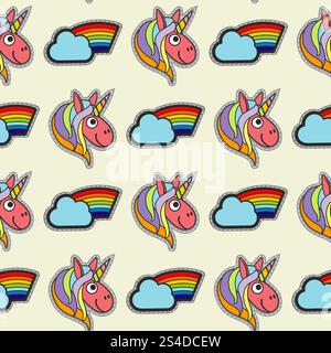 Vector patch unicorns and rainbows seamless pattern. Background with color pony illustration. Vector patch unicorns and rainbows seamless pattern Stock Vector