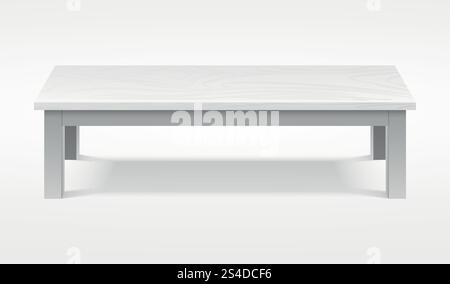 Modern white table, exhibition presentation desk vector mockup. Furniture tabletop empty, rectangular clean wooden table illustration. Modern white table, exhibition presentation desk vector mockup Stock Vector