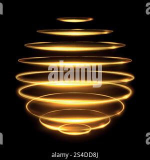 Gold circle light tracing effect, glowing magic 3d sphere vector illustration. Glowing magic bright neon, effect glowing energy element. Gold circle light tracing effect, glowing magic 3d sphere vector illustration Stock Vector