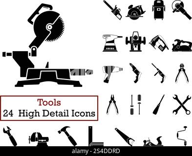 Set of 24  Tools Icons. Monochrome color design. Vector illustration. Stock Vector
