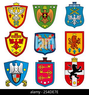 Family dynasty medieval royal coat of arms on shield vector set. Nobility heraldic color shields, illustration of royalty majestic dynasty shield. Family dynasty medieval royal coat of arms on shield vector set Stock Vector
