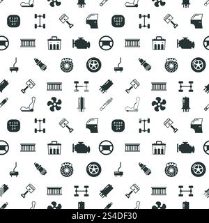 Car spare parts vector seamless pattern with automobile spare part spark and steering wheel, illustration of black silhouette car parts. Car spare parts vector seamless pattern Stock Vector