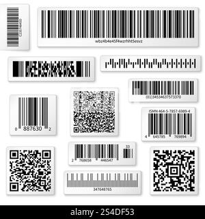 Packaging labels, bar and QR codes on white vector stickers. Code qr for identification product in shop, scan data with using bar code illustration. Packaging labels, bar and QR codes on white vector stickers Stock Vector