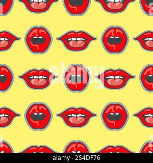 Bright lips patch vector seamless pattern. Cartoon lips girl illustration. Bright lips patch vector seamless pattern Stock Vector