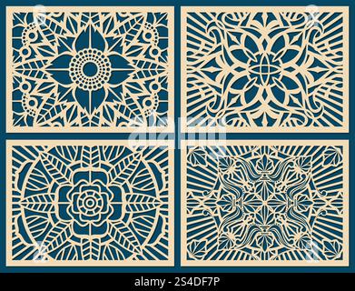 Laser cutting wall pattern canvas vector template panel. Flower pattern woodcut panel, illustration of pattern on wood. Laser cutting wall pattern canvas vector template panel Stock Vector