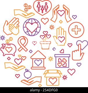 Charity, care, help vector concept, nonprofit and volunteer logo. Round badge for donation organization, illustration of hand giving donation. Charity, care, help vector concept, nonprofit and volunteer logo Stock Vector