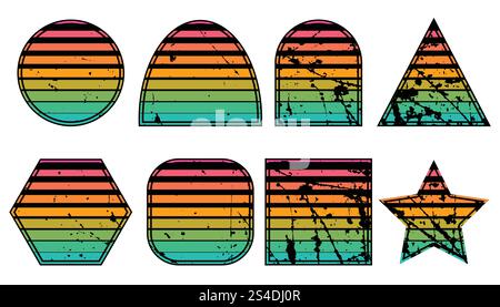 Set of retro sunsets in the style of the 80s and 90s. Retro Sunset Retrowave Backgrounds Art Bundle. Horizontal Sunsets with Grunge Textures. Stock Vector