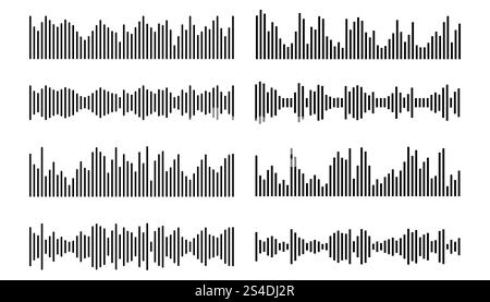 Thin line podcast sound waves and audio soundwave of voice message records collection isolated on white background. Round and square lines. Stock Vector