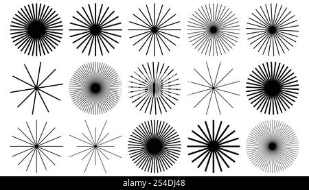 Round geometric shapes with rays. Vintage sunburst icon set elements. Circular thin line beams, stars, sun rise light. Stock Vector