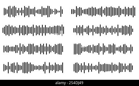 Thin line podcast sound waves and audio soundwave of voice message records collection isolated on white background. Round and square lines. Stock Vector