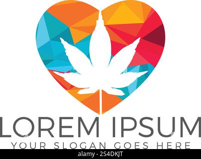 Heart symbol with cannabis leaf inside logo design. Stock Vector