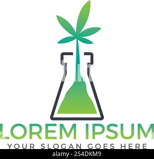 Green flask with cannabis leaf logo design. Stock Vector