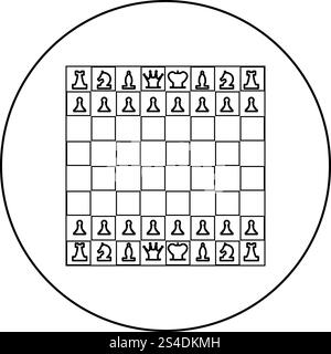 Chessboard and chess pieces line figures icon black color in round circle outline vector illustration Stock Vector