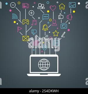 Social media network community, business connection technology vector concept. Laptop with access to social network, illustration of collection web icons for social media. Social media network community, business connection technology vector concept Stock Vector
