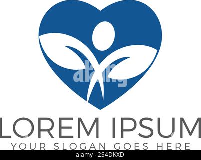 Human character with leafs in heart shape. Health and Wellness logo. Stock Vector