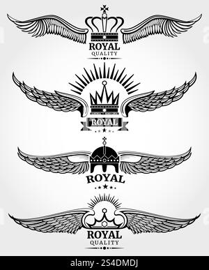 Vector winged crowns royal logo templates set in black and white. Emblem with wing, and crowns illustration. Vector winged crowns royal logo templates set in black and white Stock Vector