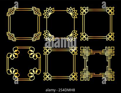 Golden square vector asian retro frames set isolated on black background illustration. Golden square vector asian retro frame Stock Vector