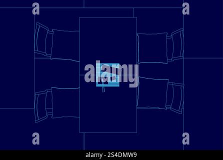 Blue image of a table with four chairs and a sign on it. The chairs are arranged in a row and the table is in the center Stock Vector