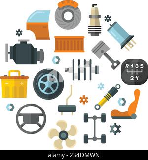 Auto spare parts, car repair service, vehicle technology vector concept. Group of details for car transmission and battery, illustration od colored auto details. Auto spare parts, car repair service, vehicle technology vector concept Stock Vector