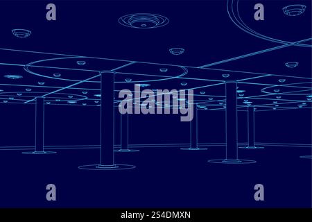The image is a blue drawing of a large, empty room with a few lights. The room is devoid of any furniture or people, and the lights are turned off. Th Stock Vector