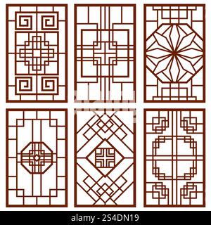Traditional korean door and window ornament, chinese wall design, japan frames vector set. Traditional chinese decoration illustration. Traditional korean door and window ornament, chinese wall design, japan frames vector set Stock Vector