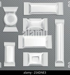 White empty bar polyethylene wrapper packaging, isolated candy package vector set. Polyethylene package for food illustration. White empty bar polyethylene wrapper packaging, isolated candy package vector set Stock Vector