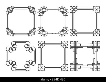 Square vector asian retro frames set. Black chinese elements isolated on white background. Square vector asian retro frames set Stock Vector