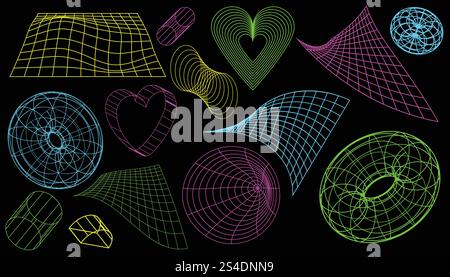 Geometric wireframe shapes and grids collection. Retro abstract neon elements in cyberpunk style. Stock Vector