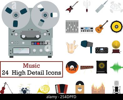 Set of 24  Music Icons. Flat color design. Vector illustration. Stock Vector