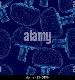 Blue background with mushrooms drawn on it. The mushrooms are all different sizes and shapes, but they all have a similar appearance. Scene is whimsic Stock Vector