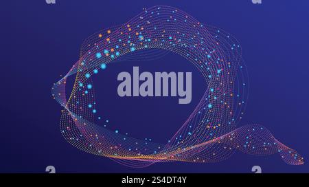 Flowing glowing dots particle, wave frame. Halftone gradient curve round shape isolated on blue background. Stock Vector