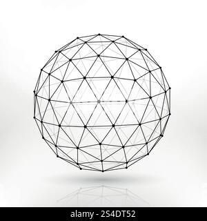 Wireframe polygonal sphere, network lines abstract fractal vector design. Sphere polygon structure, illustration of polygonal sphere. Wireframe polygonal vector sphere, network lines abstract fractal design Stock Vector