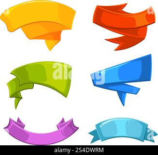 Horizontal cartoon scroll ribbon banners vector. Set of colored ribbon for design, illustration of ribbons in flat style. Horizontal cartoon scroll ribbon banners vector set Stock Vector