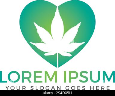Heart symbol with cannabis leaf inside logo design. Stock Vector
