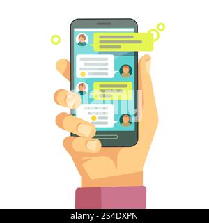 Chatting with chatbot on phone, online conversation with texting message vector concept. Messaging using phone, illustration of screen with messaging. Chatting with chatbot on phone, online conversation  texting message vector concept Stock Vector