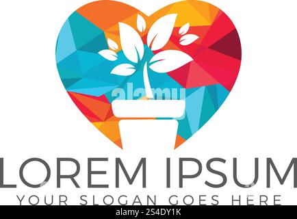 Flower pot and plant logo. Growth vector logo. Heart shaped sign. Stock Vector
