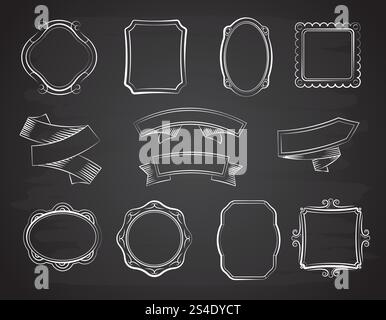 Vintage chalkboard hand drawn ribbon banners, picture frames and labels on black chalkboard vector set. Drawing sketch ribbons and frame for pictures illustration. Vintage chalkboard hand drawn ribbon banners, picture frames and labels on black chalkboard vector set Stock Vector