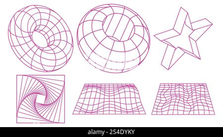 Geometric wireframe shapes and grids collection. Retro abstract neon elements in cyberpunk style. Stock Vector