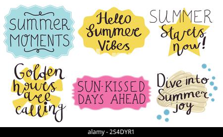 Hand drawn doodle summer season lettering. Summertime badges or stickers collection. Stock Vector
