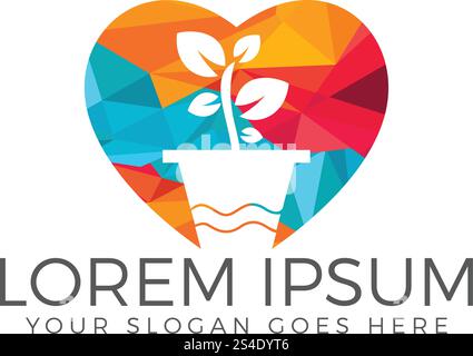 Flower pot and plant logo. Growth vector logo. Heart shaped sign. Stock Vector