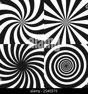 Psychedelic spiral with radial rays, twirl, twisted comic effect, vortex backgrounds - vector set. Psychedelic vortex black white spiral, effect of hypnotic radial swirl vortex illustration. Psychedelic spiral with radial rays, twirl, twisted comic effect, vortex backgrounds - vector set Stock Vector