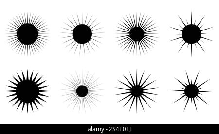 Black silhouette of sun icons. Collection of suns or stars with thin rays isolated on white background. Stock Vector