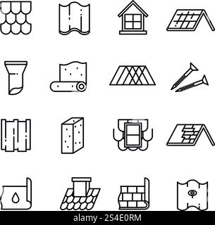 Roof, housetop construction materials, waterproofing thin vector icons. Material for roof house, architecture roof ceramic with pipe illustration. Roof, housetop construction materials, waterproofing thin vector icons Stock Vector