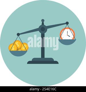 Time is money, scale measuring flat time management vector business concept. Clock on scalepan and illustration money on other scalepan. Time is money, scale measuring flat time management vector business concept Stock Vector