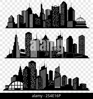 Cityscapes, town skyline buildings, big city silhouettes vector set. Black building town, silhouette of modern skyscraper building illustration. Cityscapes, town skyline buildings, big city silhouettes vector set Stock Vector